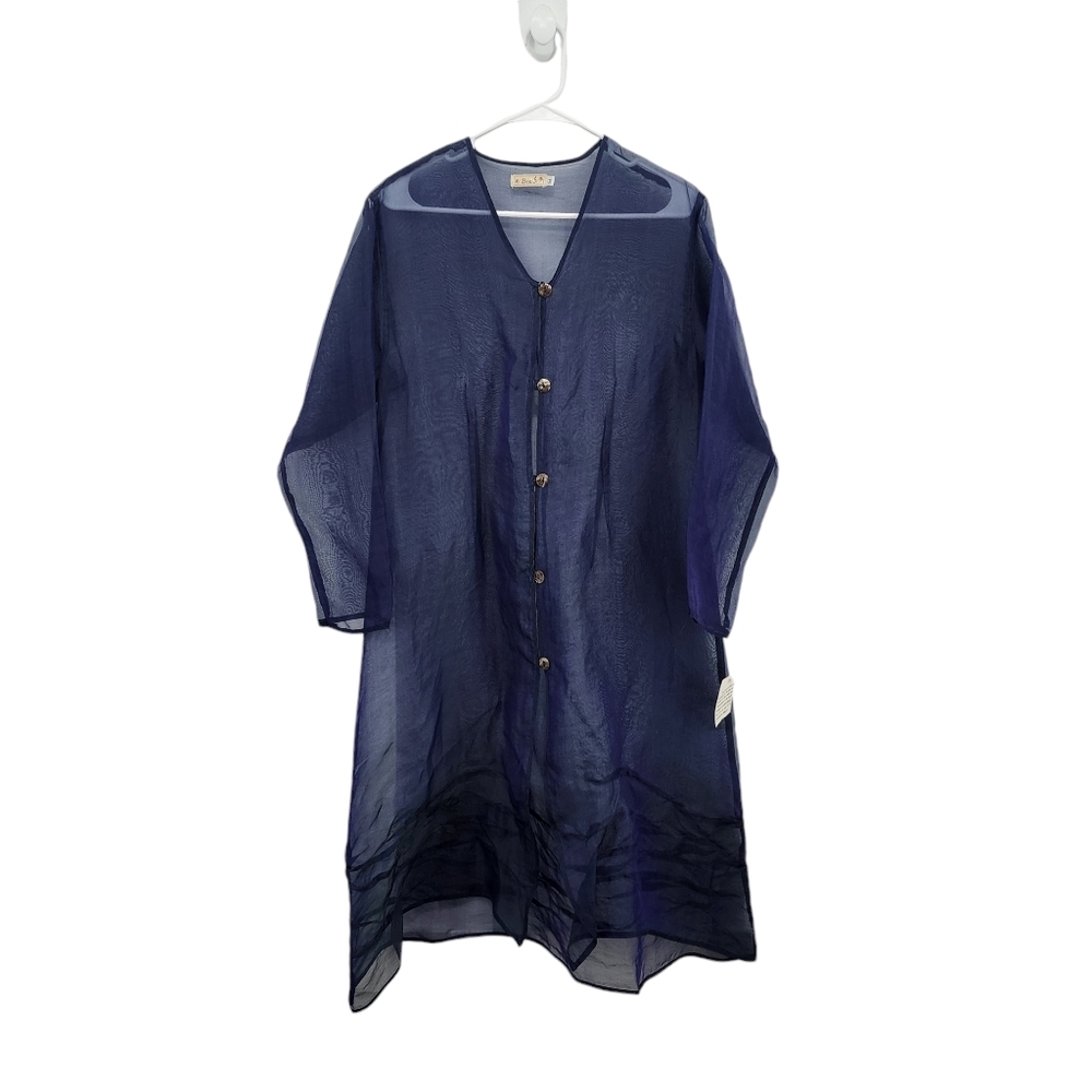 Bodil Women's 100% Silk Button Front Midi Sheer Dress Navy- M